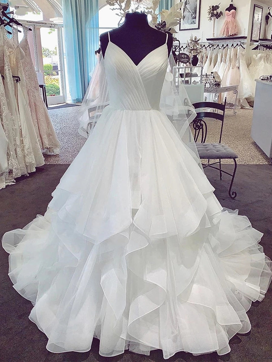 A-line V Neck Spaghetti Straps Puffy White Long Corset Wedding Dresses outfit, Wedding Dresses Petite