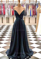 A-line V Neck Spaghetti Straps Sweep Train Charmeuse Corset Prom Dress With Pleated Gowns, Evening Dresses Gowns