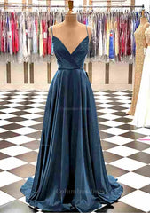 A-line V Neck Spaghetti Straps Sweep Train Charmeuse Corset Prom Dress With Pleated Gowns, Evening Dress Simple