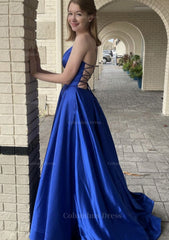 A-line V Neck Spaghetti Straps Sweep Train Charmeuse Corset Prom Dress With Pockets Gowns, Royal Dress