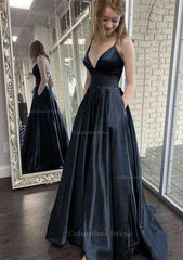 A-line V Neck Spaghetti Straps Sweep Train Charmeuse Corset Prom Dress With Pockets Gowns, On Piece Dress