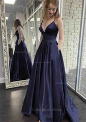 A-line V Neck Spaghetti Straps Sweep Train Charmeuse Corset Prom Dress With Pockets Gowns, Formal Dresses Long
