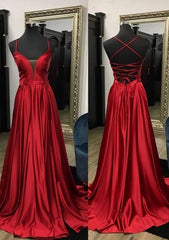 A-line V Neck Spaghetti Straps Sweep Train Charmeuse Corset Prom Dress With Split outfit, Prom Dresses Laces