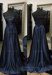 A-line V Neck Spaghetti Straps Sweep Train Charmeuse Corset Prom Dress With Split outfit, Prom Dress Lace