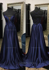 A-line V Neck Spaghetti Straps Sweep Train Charmeuse Corset Prom Dress With Split outfit, Prom Dresses Long Beautiful