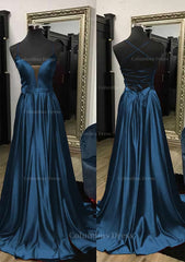 A-line V Neck Spaghetti Straps Sweep Train Charmeuse Corset Prom Dress With Split outfit, Prom Dress Long Beautiful
