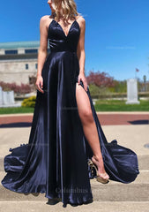 A-line V Neck Spaghetti Straps Sweep Train Charmeuse Corset Prom Dress With Split outfit, Prom Dresses Long Ball Gown