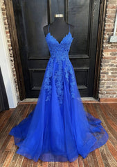 A-line V Neck Spaghetti Straps Sweep Train Tulle Corset Prom Dress With Appliqued Gowns, Prom Dress Chiffon