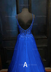 A-line V Neck Spaghetti Straps Sweep Train Tulle Corset Prom Dress With Appliqued Gowns, Prom Dress And Boots