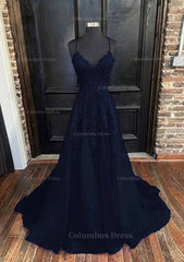 A-line V Neck Spaghetti Straps Sweep Train Tulle Corset Prom Dress With Appliqued Gowns, Prom Dresses 2023 Black