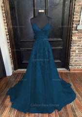 A-line V Neck Spaghetti Straps Sweep Train Tulle Corset Prom Dress With Appliqued Gowns, Prom Dresses With Shorts Underneath