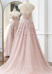A-line V Neck Spaghetti Straps Sweep Train Tulle Corset Prom Dress With Appliqued Beading outfit, Elegant Wedding