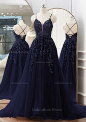A-line V Neck Spaghetti Straps Sweep Train Tulle Corset Prom Dress With Appliqued Beading outfit, Wedding Pictures Ideas