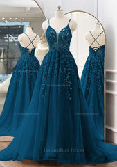 A-line V Neck Spaghetti Straps Sweep Train Tulle Corset Prom Dress With Appliqued Beading outfit, Beach Wedding Guest Dress