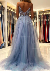 A-line V Neck Spaghetti Straps Sweep Train Tulle Corset Prom Dress With Beading Sequins Split Gowns, Bridesmaid Dress Gold