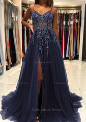 A-line V Neck Spaghetti Straps Sweep Train Tulle Corset Prom Dress With Beading Sequins Split Gowns, Bridesmaids Dress Gold