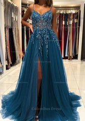 A-line V Neck Spaghetti Straps Sweep Train Tulle Corset Prom Dress With Beading Sequins Split Gowns, Bridesmaid Dresses Tulle