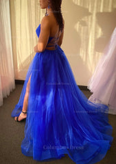 A-line V Neck Spaghetti Straps Sweep Train Tulle Corset Prom Dress With Split outfit, Evening Dresses Fitted