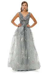 A-line V-neck Strap Lace Sequined Beaded Open Back Floor-length Corset Prom Dresses outfit, On Shoulder Dress