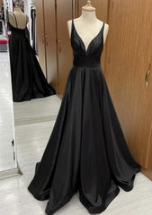 A-line V Neck Sweep Train Satin Corset Prom Dress With Pleated Gowns, Formal Dress For Girls