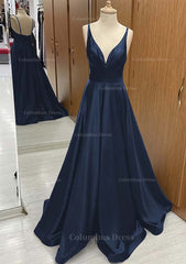 A-line V Neck Sweep Train Satin Corset Prom Dress With Pleated Gowns, Formal Dresses For Girls