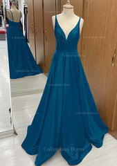 A-line V Neck Sweep Train Satin Corset Prom Dress With Pleated Gowns, Formal Dresses With Sleeves For Weddings
