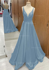 A-line V Neck Sweep Train Satin Corset Prom Dress With Pleated Gowns, Formal Dresses For Weddings Mother Of The Bride
