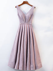 A Line V Neck Tea Length Gray/Pink Corset Prom Dresses, Shiny Tea Length Corset Formal Dresses outfit, Formal Dress Fall