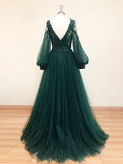 A-Line V Neck Tulle Lace Green Long Corset Prom Dress, Green Corset Formal Evening Dresses outfit, Prom Dresses Princesses