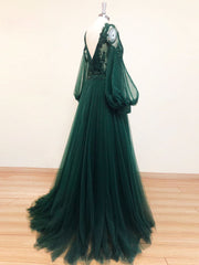 A-Line V Neck Tulle Lace Green Long Corset Prom Dress, Green Corset Formal Evening Dresses outfit, Prom Dress Princess