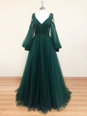 A-Line V Neck Tulle Lace Green Long Corset Prom Dress, Green Corset Formal Evening Dresses outfit, Prom Dresses2030