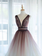 A-Line V Neck Tulle Long Brown Corset Prom Dresses, Tulle Long Evening Dresses outfit, Prom Dresses Designer