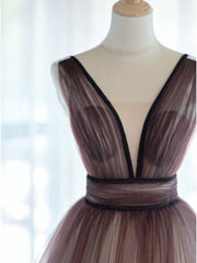 A-Line V Neck Tulle Long Brown Corset Prom Dresses, Tulle Long Evening Dresses outfit, Prom Dress Design