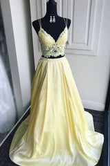A Line V Neck Two Pieces Lace Top Yellow Corset Prom Dress, Two Pieces Yellow Corset Formal Dress, Yellow Lace Evening Dress outfit, Homecoming Dresses Elegant