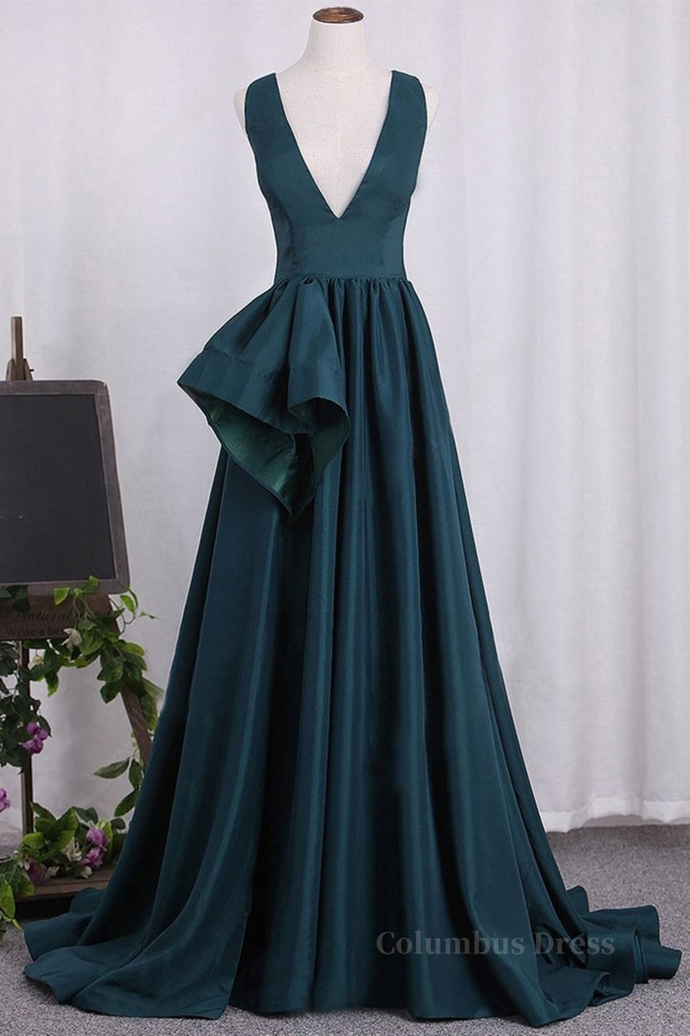 A Line V Neck V Back Green Satin Long Corset Prom Dresses, Long Green Corset Formal Evening Dresses outfit, Homecoming