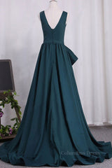 A Line V Neck V Back Green Satin Long Corset Prom Dresses, Long Green Corset Formal Evening Dresses outfit, Formal Dress Short