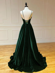 A-Line V Neck Velvet Green Long Corset Prom Dresses, Green Velvet Corset Formal Dress outfit, Prom Dress With Pockets