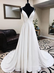 A Line V Neck White Corset Wedding Dresses with Lace Back, White V Neck Corset Prom Corset Formal Dresses outfit, Wedding Dress Aesthetic