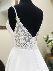 A Line V Neck White Corset Wedding Dresses with Lace Back, White V Neck Corset Prom Corset Formal Dresses outfit, Wedding Dresses A Line
