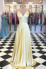 A Line V Neck Yellow Long Corset Prom Dresses, Yellow Long Backless Corset Formal Evening Dresses outfit, Modest Dress