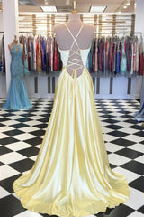 A Line V Neck Yellow Long Corset Prom Dresses, Yellow Long Backless Corset Formal Evening Dresses outfit, Club Outfit For Women