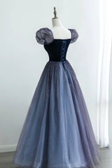 A-Line Velvet Tulle Long Corset Prom Dress, Cute Short Sleeve Evening Party Dress Outfits, Prom Dress Princesses