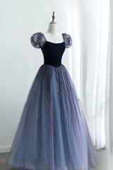 A-Line Velvet Tulle Long Corset Prom Dress, Cute Short Sleeve Evening Party Dress Outfits, Prom Dresses Princesses