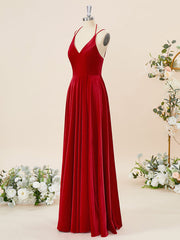 A-line Velvet V-neck Floor-Length Corset Bridesmaid Dress outfit, Formal Dresses With Tulle