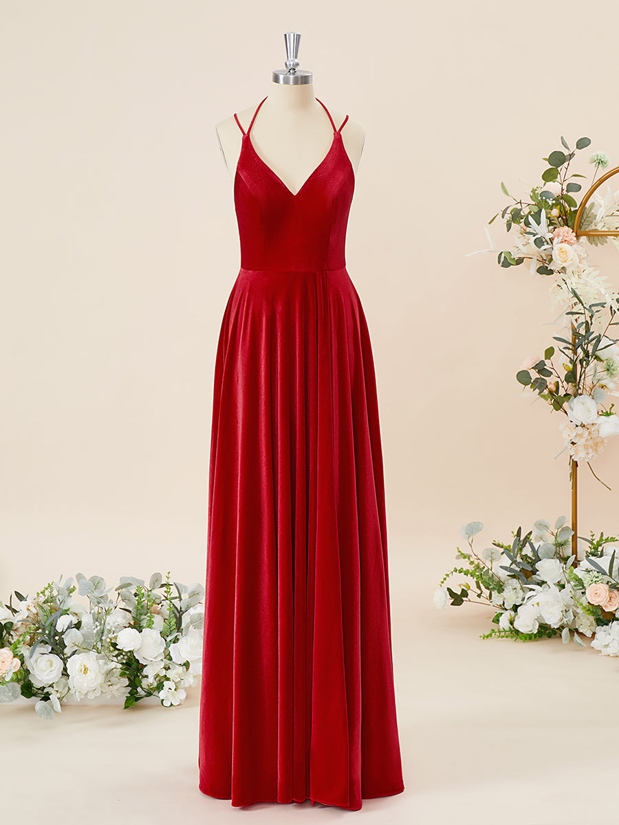 A-line Velvet V-neck Floor-Length Corset Bridesmaid Dress outfit, Formal Dresses Fall