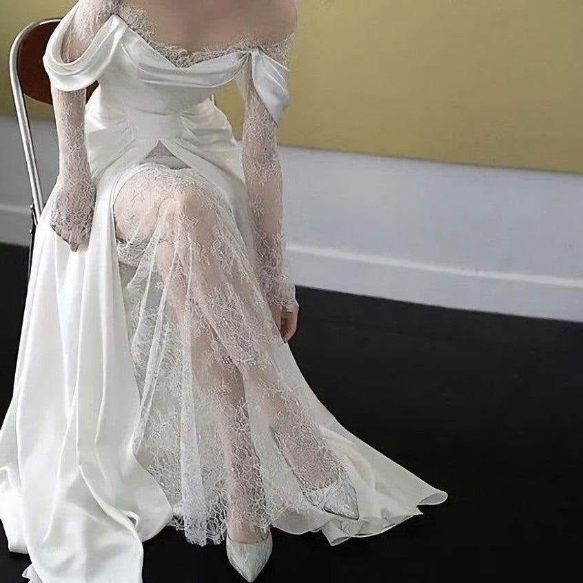 A Line Corset Wedding Dress Long Satin Corset Prom Dresses outfit, Wedding Dress Fitting