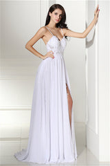 A-line White Evening Dresses Straps Chiffon Long Corset Formal Dresses outfit, Party Dress Pattern Free