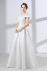 A-Line White Satin Lace Off The Shoulder Corset Wedding Dresses outfit, Wedding Dresses Colored