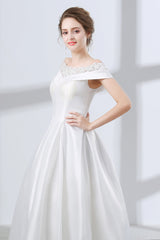 A-Line White Satin Lace Off The Shoulder Corset Wedding Dresses outfit, Wedding Dresses Fashion