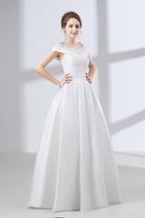 A-Line White Satin Lace Off The Shoulder Corset Wedding Dresses outfit, Wedding Dress Fashion